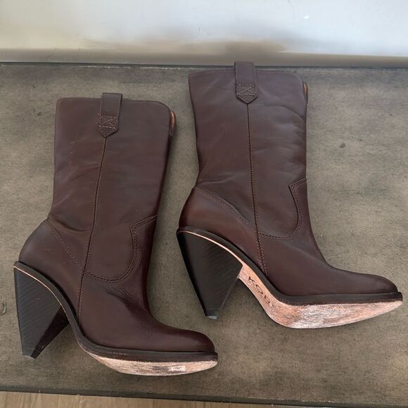 KORS Michael Kors Dark Brown Leather Mid Calf Heeled Boots Pull On Women’s Sz 6M - Picture 9 of 16
